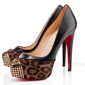 Christian Louboutin Black and Leopard Heels with Gold Studs